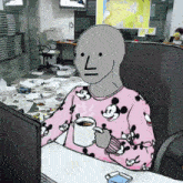 a cartoon of a bald man wearing a pink mickey mouse sweater holding a cup of coffee