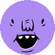 a purple circle with a cartoon face on it and a big mouth .