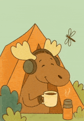 a moose wearing headphones holds a cup of coffee