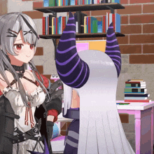 a girl with purple horns stands next to a girl with white hair