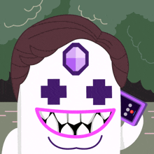a cartoon character with purple crosses on his face and a purple diamond on his head