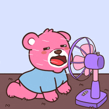 a cartoon of a teddy bear sitting in front of a fan with a purple base