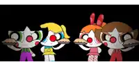 a group of clowns are holding pies in their mouths