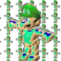a pixel art of a man wearing a green hat with the letter b on it