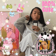 a girl is taking a picture of herself and the words 100 % cute are above her