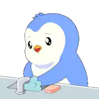 a cartoon penguin is washing his hands with soap