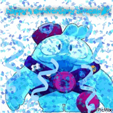 a picture of a cartoon character with the words happy 4th anniversary skyeal
