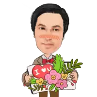 a man is holding flowers and a heart that says i love you