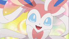 a pink and white pokemon with blue eyes and a heart on its chest