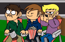 three cartoon characters are sitting in chairs with a bottle of diet coke