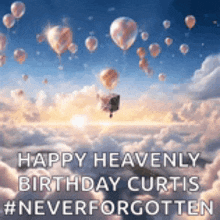 a picture of hot air balloons flying in the sky with the caption happy heavenly birthday curtis # never forgotten