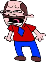 a cartoon of a man with a mustache wearing a red shirt and blue tie