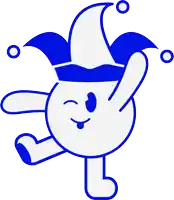 a blue and white cartoon character with a jester hat