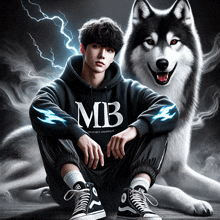 a boy wearing a hoodie that says mb sits next to a husky