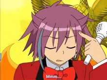a cartoon character with purple hair is holding a microphone and says hmm