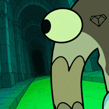 a cartoon character with a large eye is standing in a dark hallway