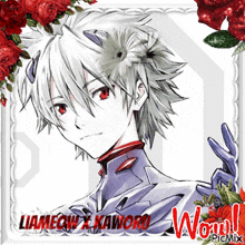 a picture of a boy with a flower in his hair and the words liameqw x kaworu on the bottom