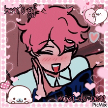 a cartoon of a boy with pink hair is surrounded by pink hearts .