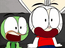a cartoon character with a surprised look on his face is standing next to another character