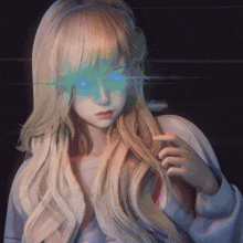 a girl with long blonde hair has a blue light shining on her eyes