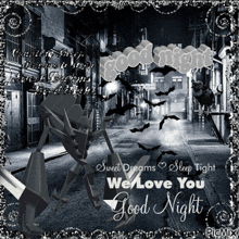 a black and white photo of a street with bats and the words good night