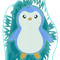 a blue and white penguin with a yellow beak is standing in front of a blue background