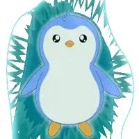 a blue and white penguin with a yellow beak is standing in front of a blue background