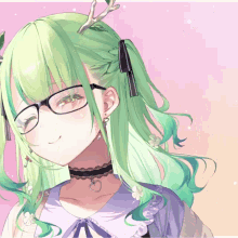 a girl with green hair and antlers wearing glasses