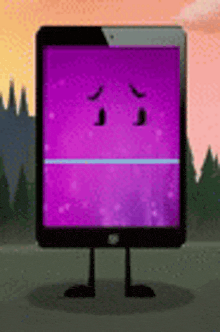 a purple tablet with arms and legs is standing in the middle of a field .