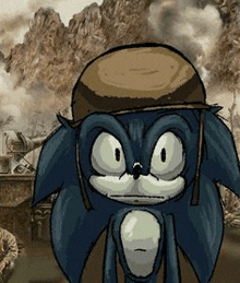 sonic the hedgehog is wearing a hat and standing in front of a tank .