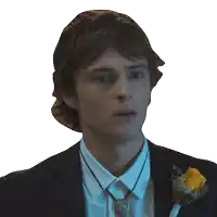 a man in a suit with a yellow flower in his lapel says " what "