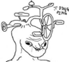 a black and white drawing of a man 's head with a bicycle wheel in it .
