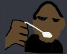 a cartoon drawing of a man holding a white spoon in his mouth