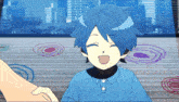 a cartoon character with blue hair is smiling and holding a person 's hand