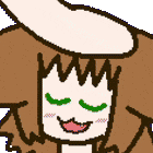 a pixel art drawing of a girl with green eyes petting her head .