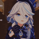 a girl with white hair and blue eyes is wearing a blue and white outfit