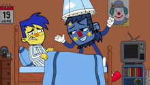 a cartoon drawing of a boy in bed with a calendar that says june 19th