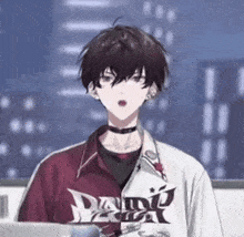 a boy with short hair is wearing a choker and a red and white jacket .