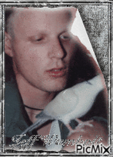 a picture of a man holding a white bird with picmix written on it