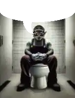 a man dressed as mario is sitting on a toilet .