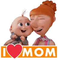a cartoon of a woman holding a baby next to a sign that says i heart mom