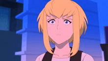 a close up of a cartoon character with yellow hair and blue eyes