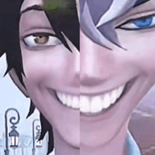 a close up of a person 's face smiling and a close up of a person 's face making a face .