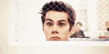 a close up of a man 's face behind a fence .