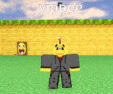 a cartoon character standing in a grassy field with the word yippee written above him