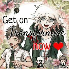 a picture of two anime characters with the words get on transformice now