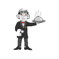 a cartoon of a man in a tuxedo holding a tray that says shot
