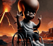 a child in a wheelchair with a big head giving the middle finger
