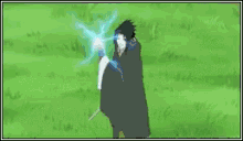 a person is standing in a field with a sword in their hand and a blue light coming out of it .
