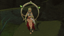 a video game character is sitting in a circle with a green light coming out of it
